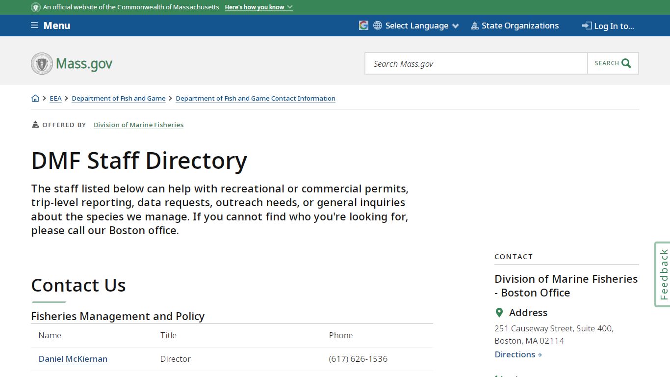 DMF Staff Directory | Mass.gov